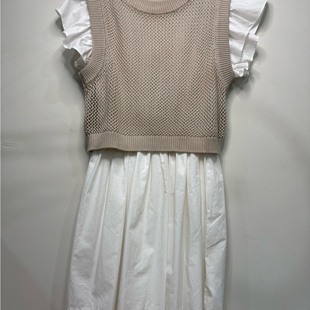 Stylish Beige Knit Vest with White Dress